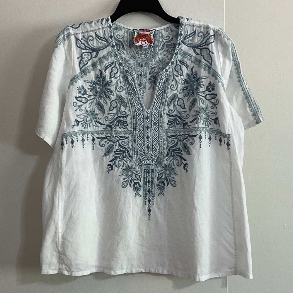 Johnny Was White Shirt with Slate Blue Embroidery